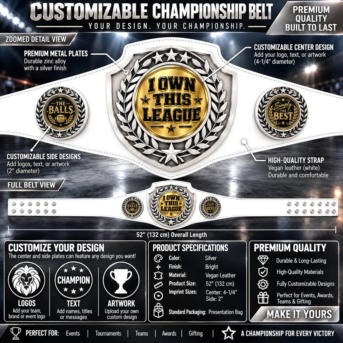 Fantasy Football Antique Shield Championship Belt in White - I Own This League