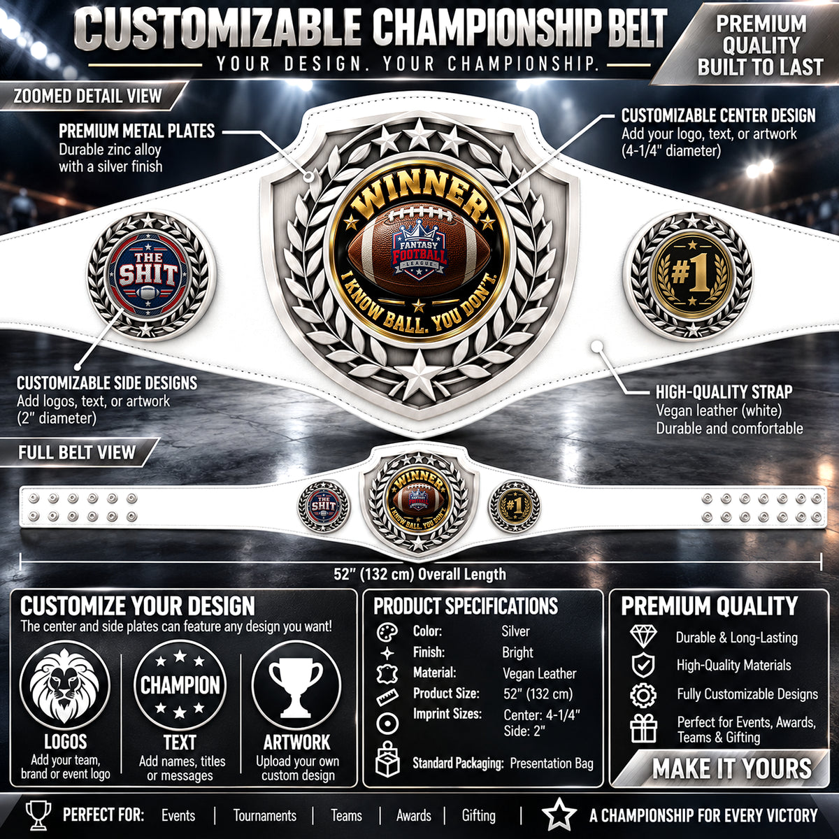Fantasy Football Antique Shield Championship Belt in White - Winner - I Know Ball. You Don't