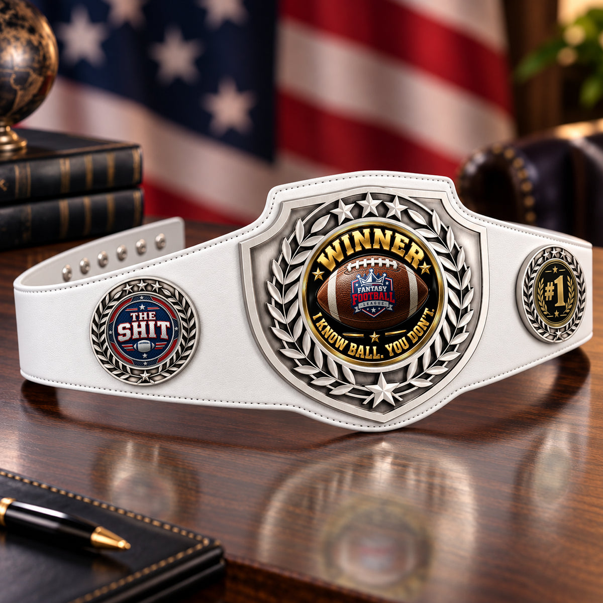 Fantasy Football Antique Shield Championship Belt in White - Winner - I Know Ball. You Don't