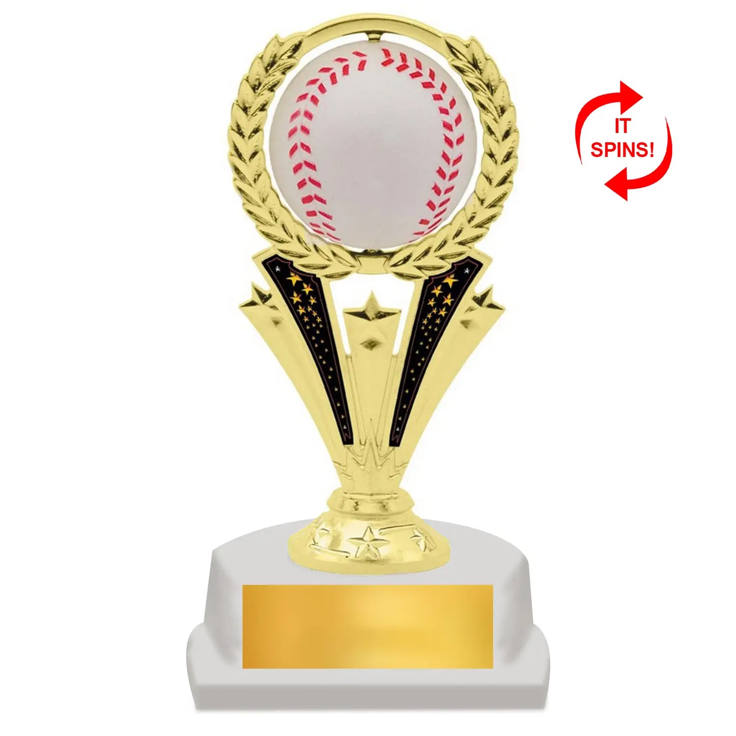 Spinning Baseball Trophy – Rotating Baseball Award with Customisable Plate (2 Sizes)
