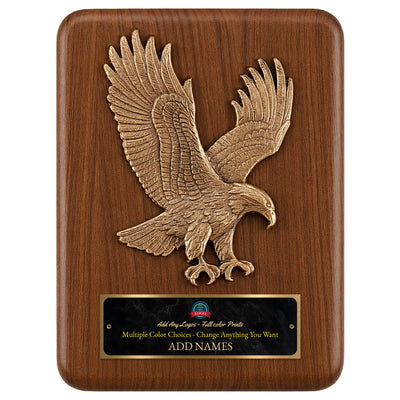 Sculpted Eagle Walnut Recognition Plaque 9" x 12" with Full Color Plate