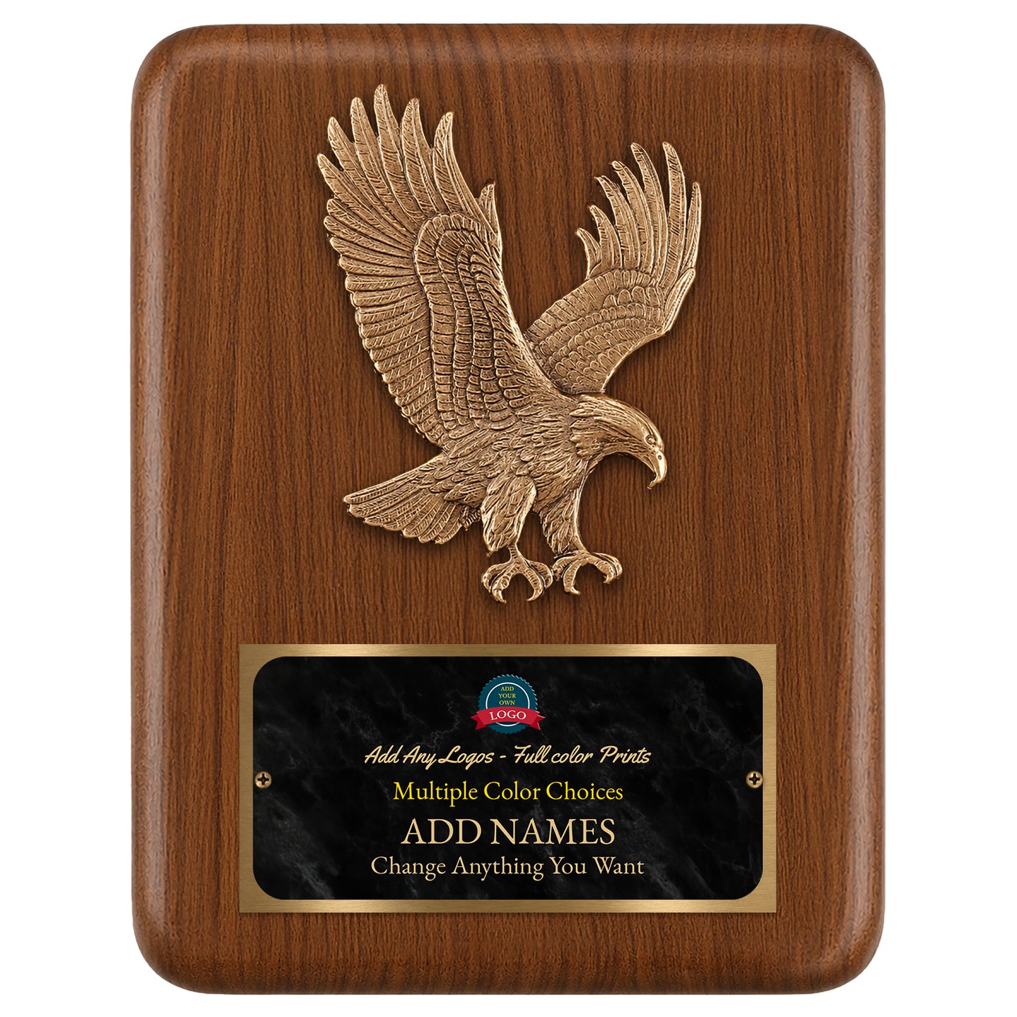 Sculpted Eagle Walnut Recognition Plaque 7" x 9" with Full Color Plate