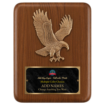 Sculpted Eagle Walnut Recognition Plaque 7" x 9" with Full Color Plate