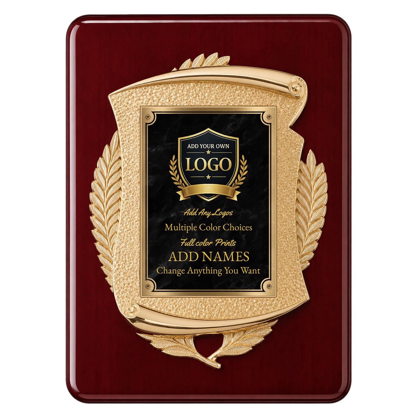 Cast Metal Scroll Rosewood Recognition Plaque with Full Color Plate – 11" x 15"
