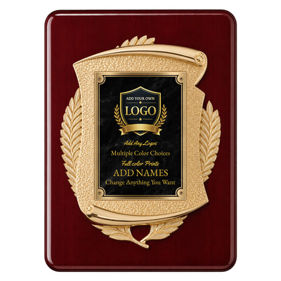Cast Metal Scroll Rosewood Recognition Plaque with Full Color Plate – 11" x 15"