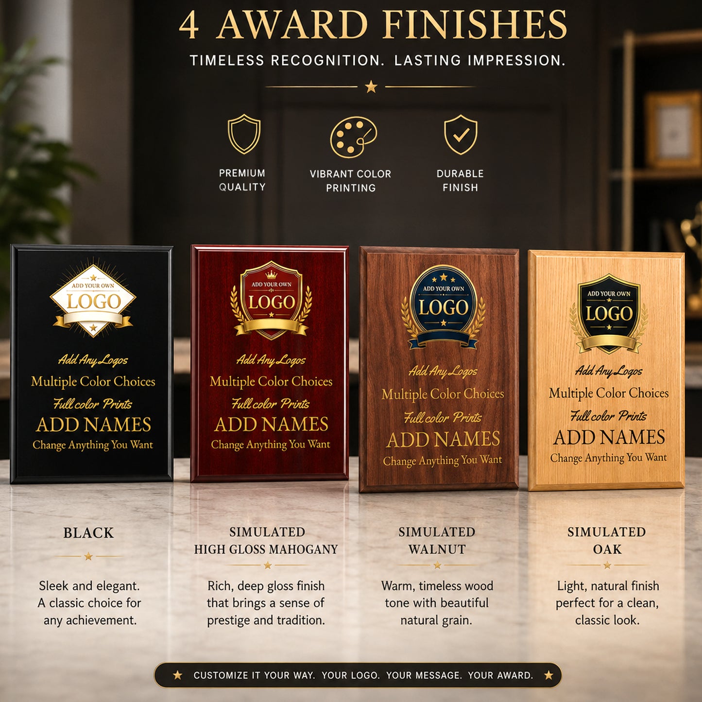 Custom Simulated Mahogany Plaque with Full Color UV Printing - 4 Colors Available