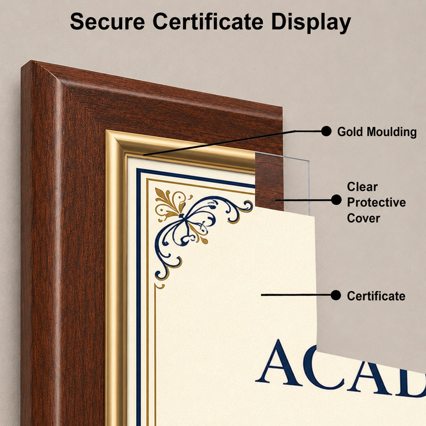 Certificate Holder Plaque with Gold Molding - 10.5" x 13" Wall Mount Award Display Frame