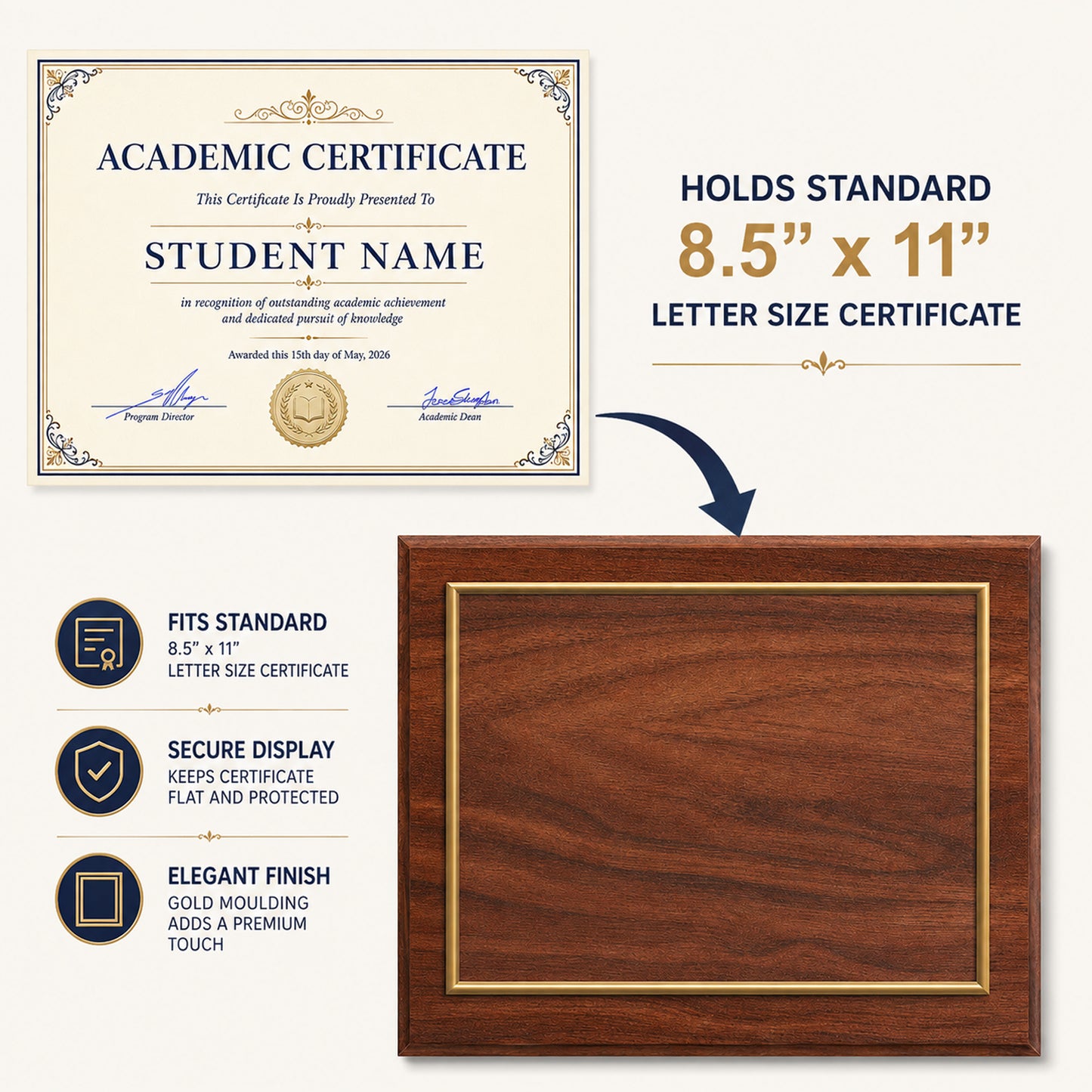 Certificate Holder Plaque with Gold Molding - 10.5" x 13" Wall Mount Award Display Frame