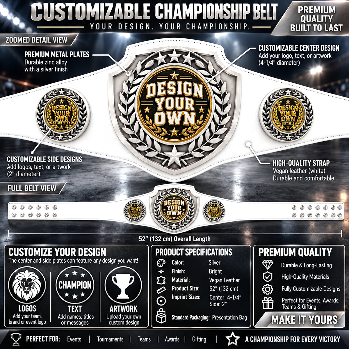 Custom Track & Field Antique Shield Championship Belt in White - Design Your Own