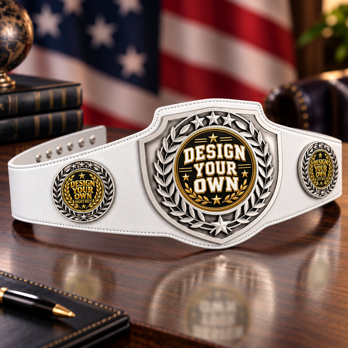 Custom Bowling Antique Shield Championship Belt in White - Design Your Own