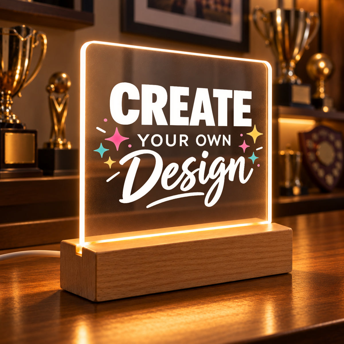 Custom Acrylic LED Night Light with Wooden Base - Design Your Own