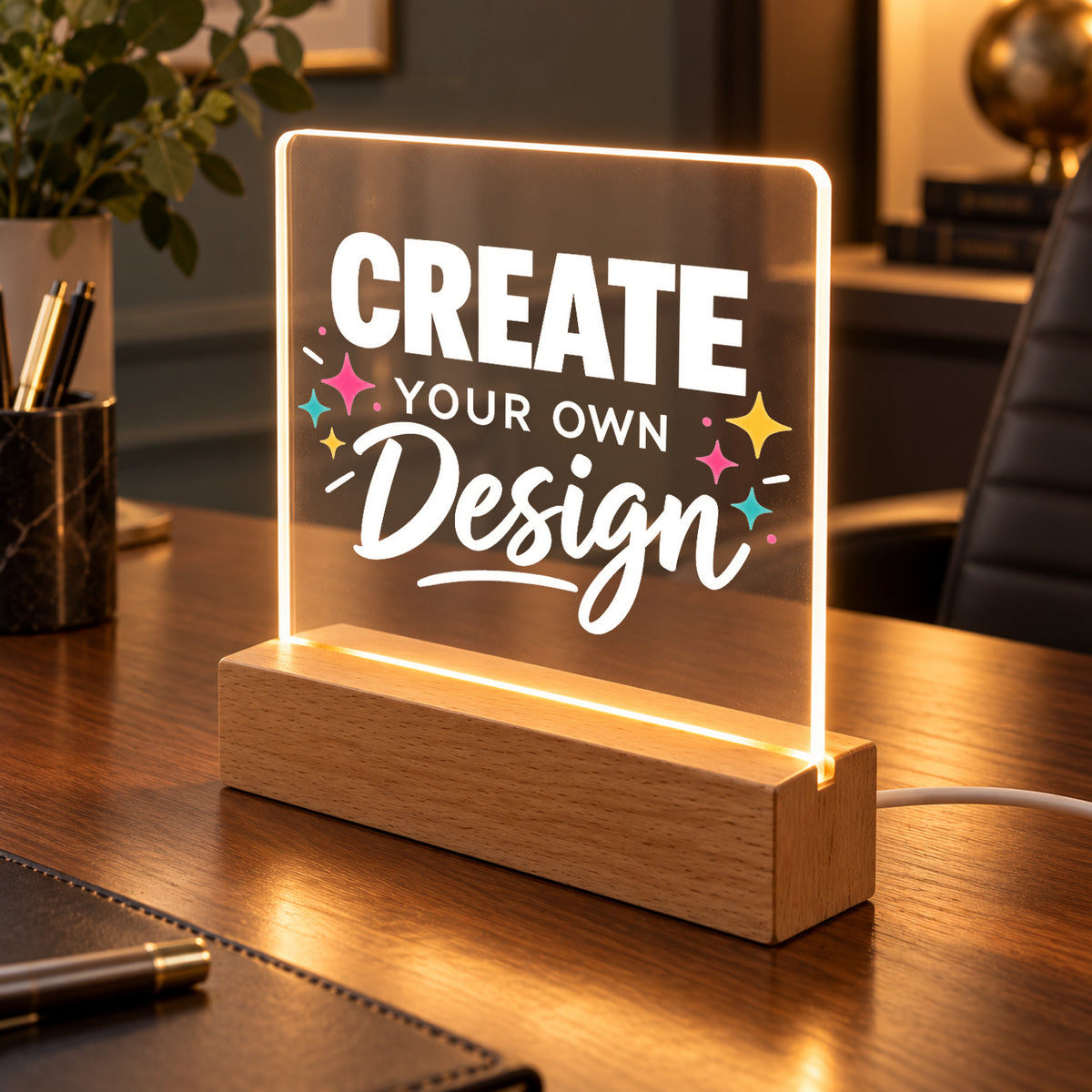 Custom Acrylic LED Night Light with Wooden Base - Design Your Own